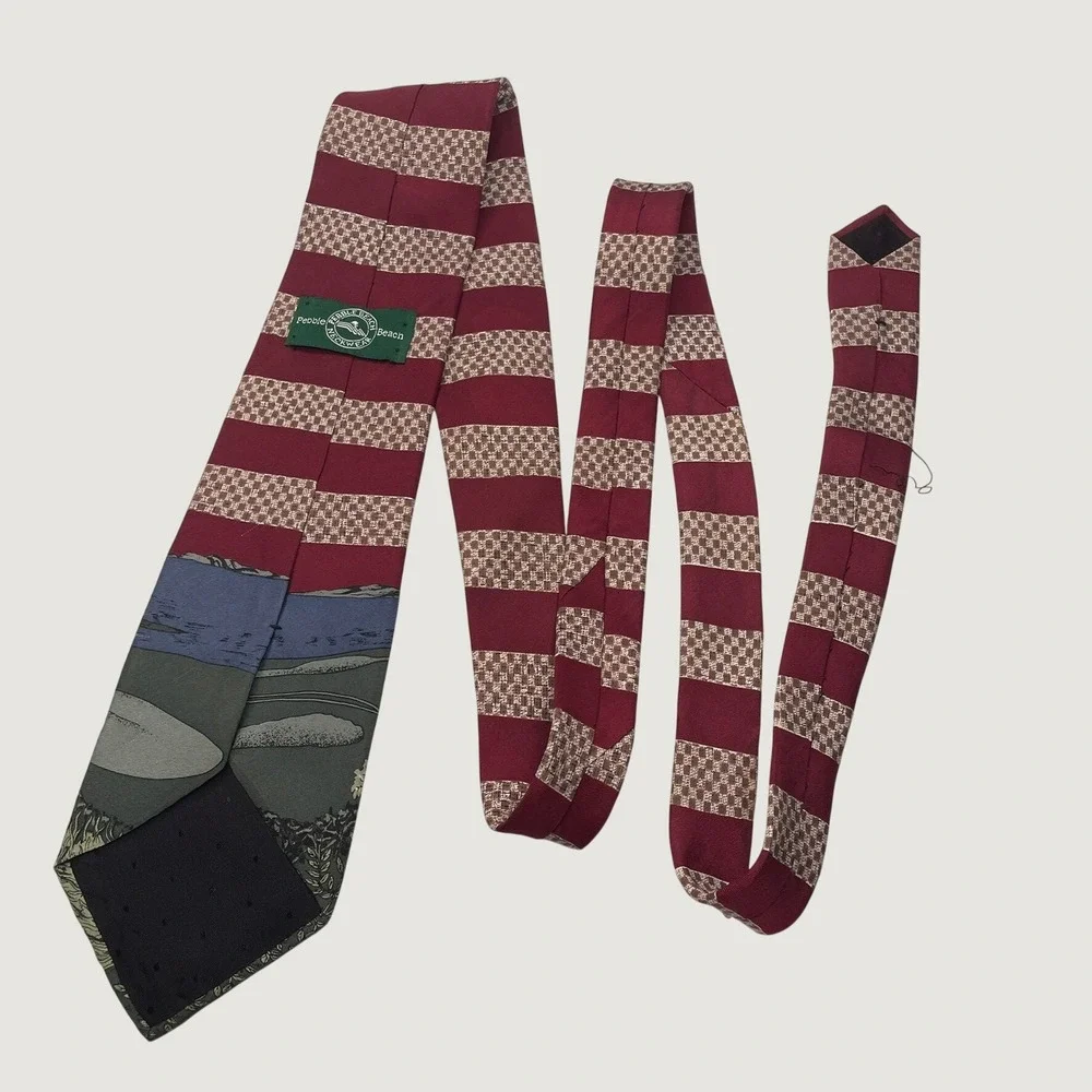 Pebble Beach Men's Art Vintage Golf Course Scene Striped Burgundy Silk Blend Tie